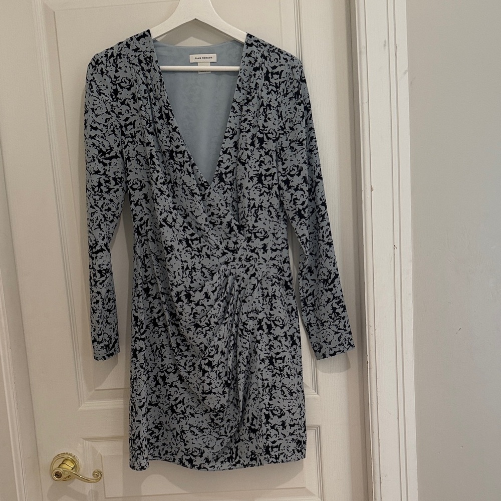 Club Monaco Women’s Twist Drape Mini Dress in blue dahlia and silk material